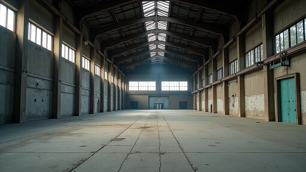 Leere Industriehalle mit Fenstern und Betontoren, symbolisiert brachliegende Wirtschaftsflächen und strukturelle Herausforderungen
