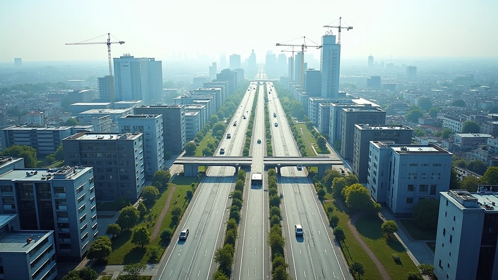 Moderne deutsche Infrastruktur mit Baustellen und modernen Gebäuden, Luftaufnahme einer Stadt mit entwickeltem Straßennetz