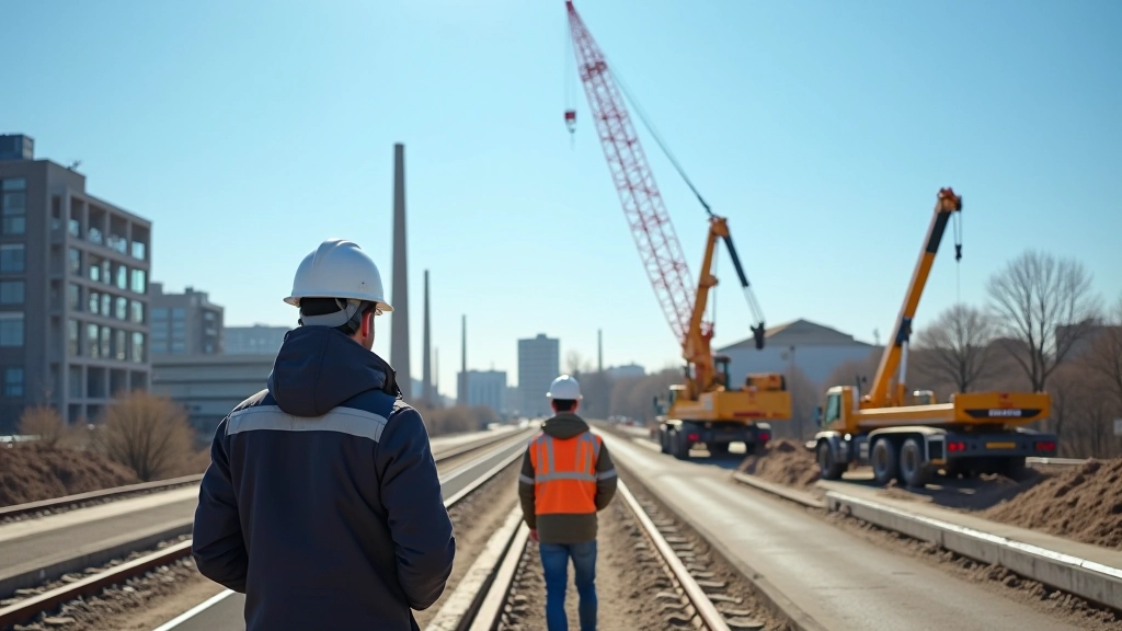 Baustelle mit Bauarbeitern, moderne Infrastruktur im Bau, Kräne und Baumaschinen auf kommunaler Baustelle