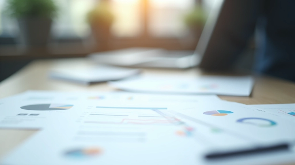Finanzdiagramme und Statistiken auf einem Schreibtisch, Datenanalyse und Wirtschaftsberichte, moderne Arbeitsumgebung