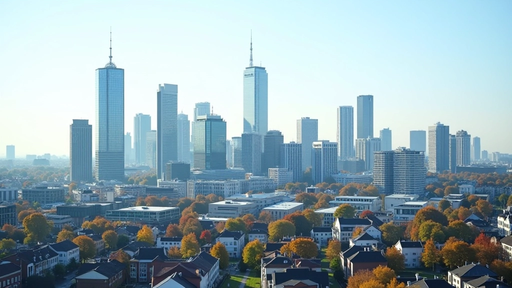 Moderne Bürogebäude und Infrastruktur in einer deutschen Stadt, Skyline mit wirtschaftlicher Aktivität