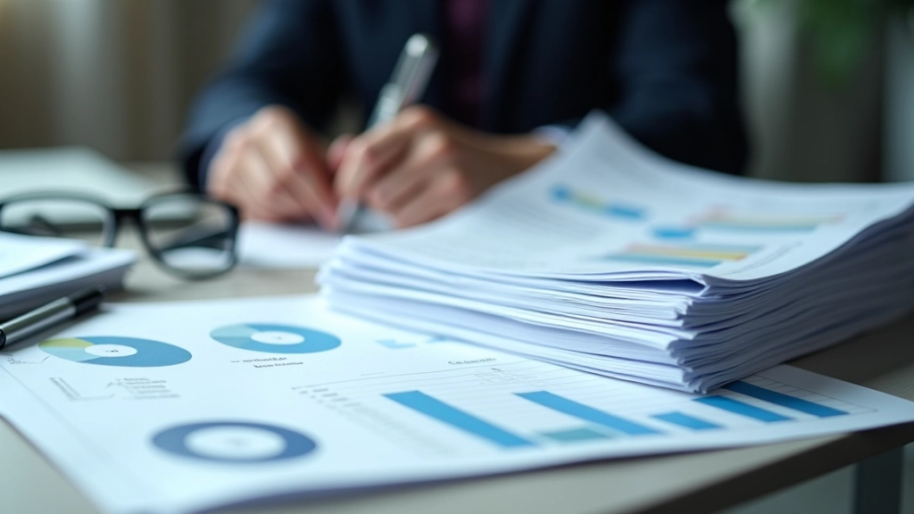 Dokumenten-Stapel mit Finanzberichten und Diagrammen auf einem Schreibtisch, Grafiken und Zahlen sichtbar
