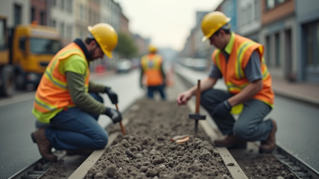 Sanierungsarbeiten auf Straße, zeigt Infrastrukturinvestitionen in Aktion, Arbeiter und Ausrüstung