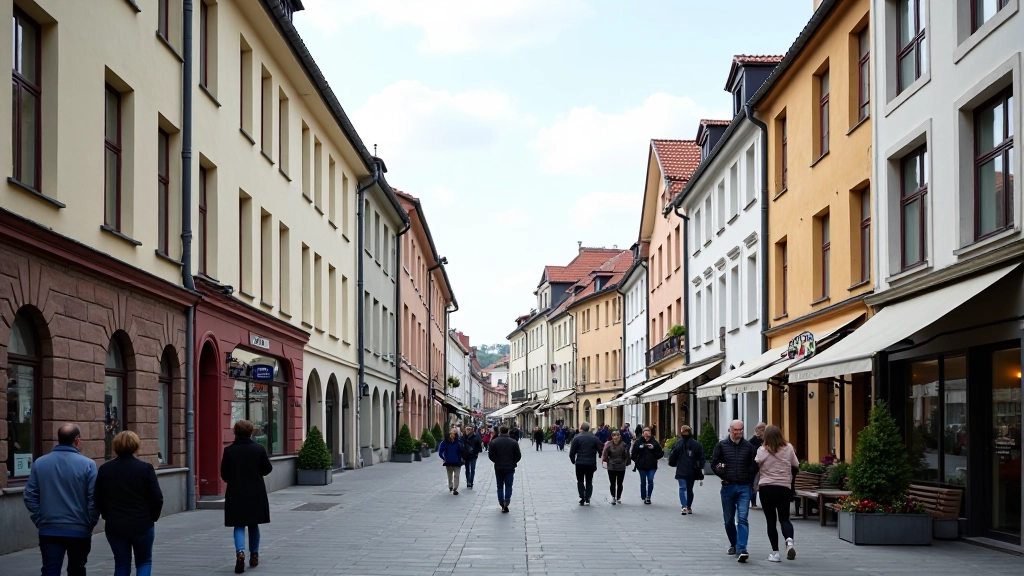 Straßenszene in einer ostdeutschen Stadt mit alten Gebäuden und modernen Elementen nebeneinander