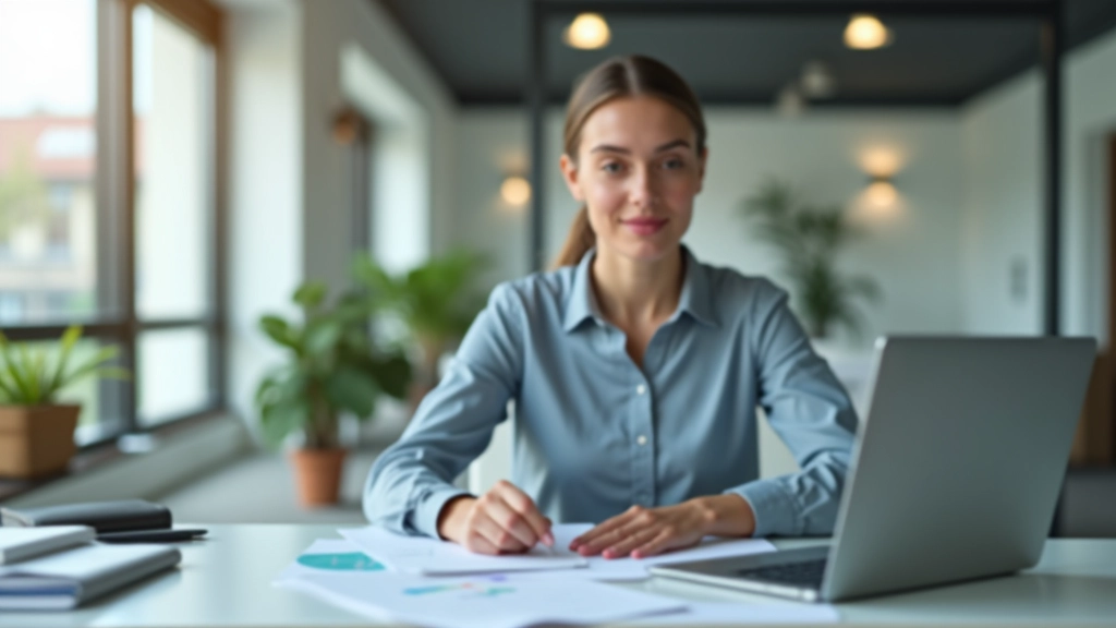 Geschäftsfrau sitzt am Schreibtisch mit Laptop, analysiert Finanzberichte und Diagramme, repräsentiert Finanzplanung und Analyse